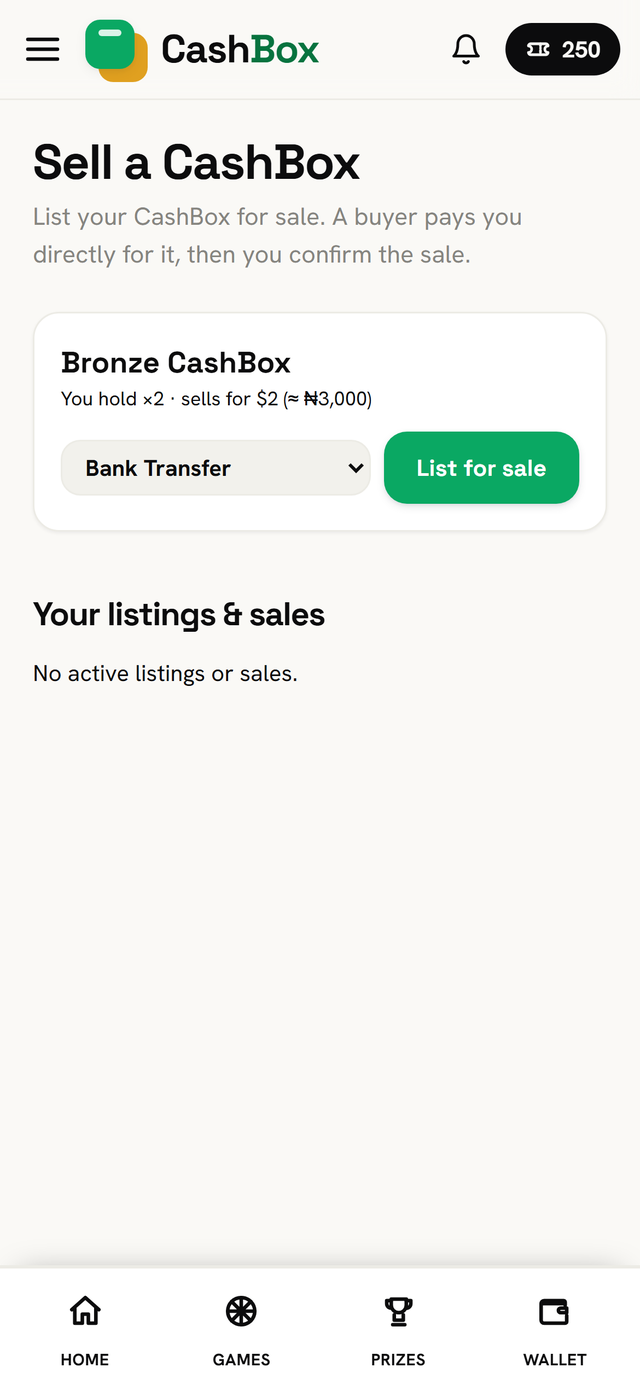 The sell screen where you list a CashBox for another player to buy