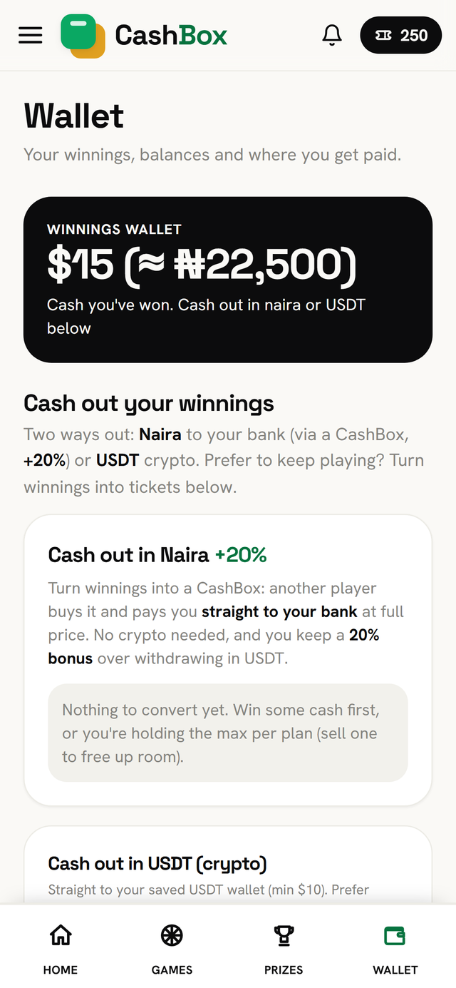 The wallet screen with a withdraw-to-bank option